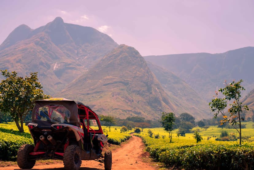 Off-road ATV parked on a dirt path surrounded by lush green tea fields and the towering Mulanje Mountain in the background.
